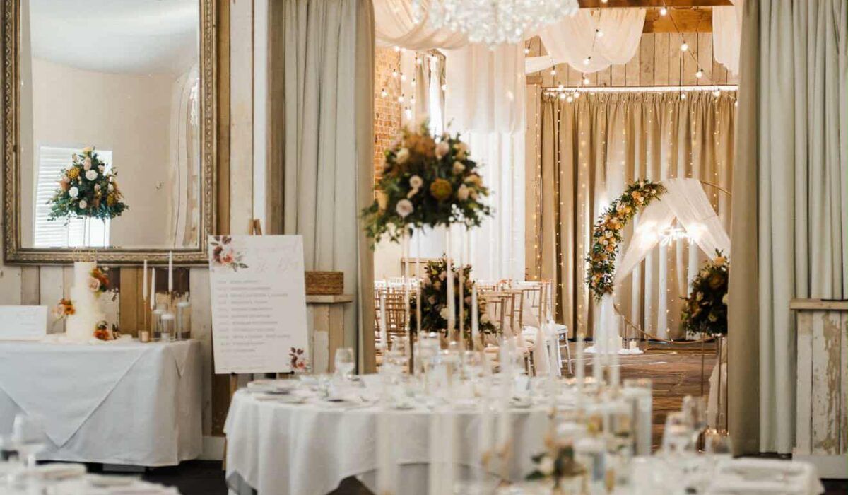 Elegant barn wedding reception set for a ceremony and wedding breakfast at Healing Manor Hotel in Lincolnshire